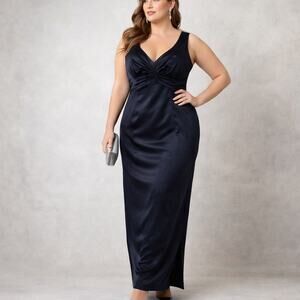 DaVinci Navy Satin Ruched Bust Sleeveless Maxi Gown Sz 14